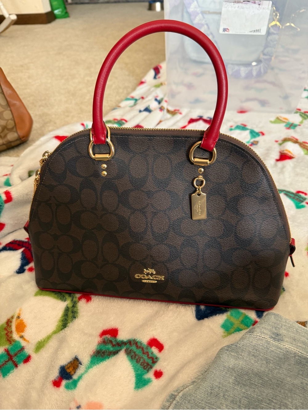 Coach Katy Satchel 2558 Signature Canvas Brown Red Leather Crossbody